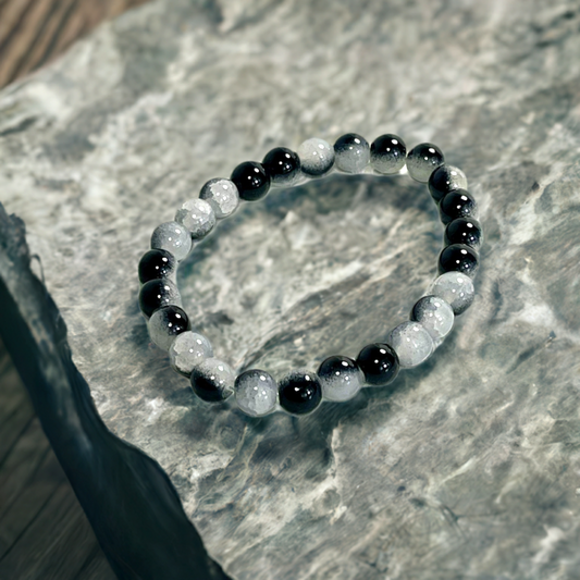 Black & gray swirl glass bead bracelet for men or women 8mm