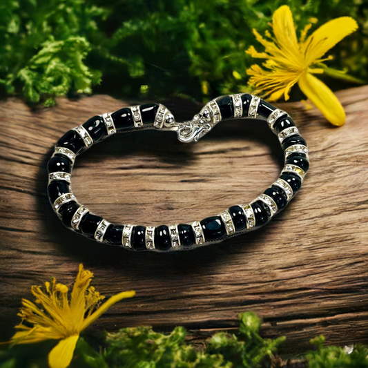 Fancy black beads and silver rhinestones bracelet 8mm