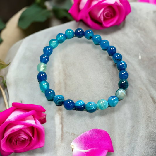 Bright blue stripped Agate natural stone bead bracelet for him or her 8mm